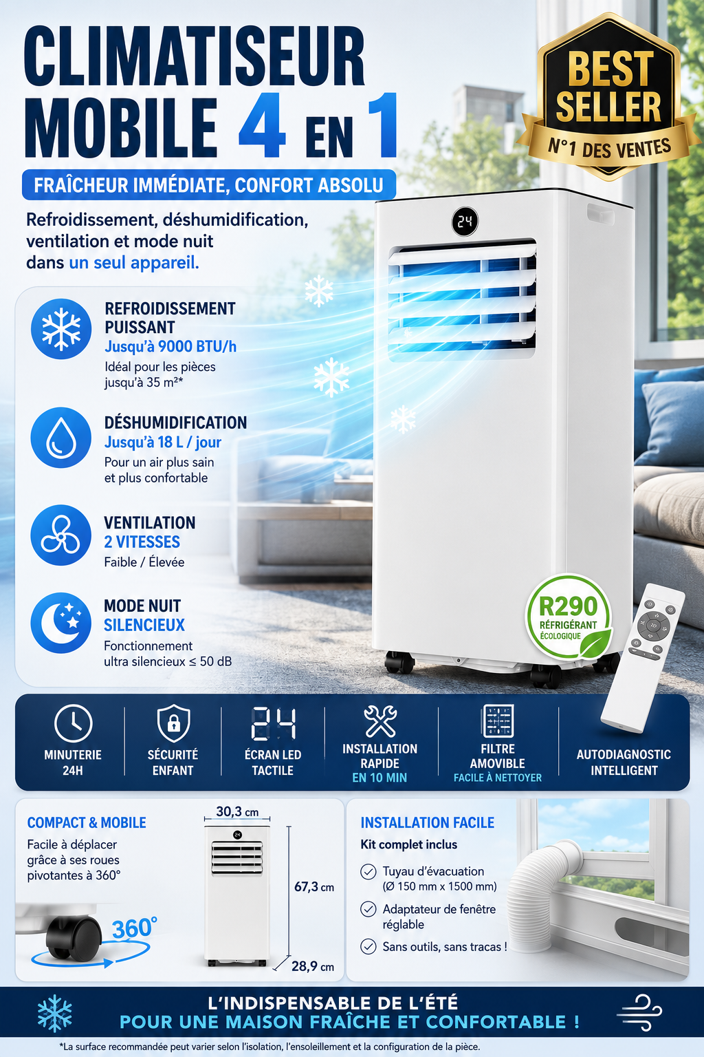 AIRFRESH PRO 9000™ Climatiseur Mobile 4-en-1 | Puissance, Silence et Confort au Quotidien